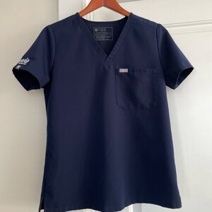 Figs Aya Healthcare Logo Catarina Blue Scrub Top Small